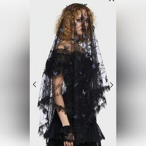 Punkrave Brand Black Veil with Blue Butterfly Embroidery